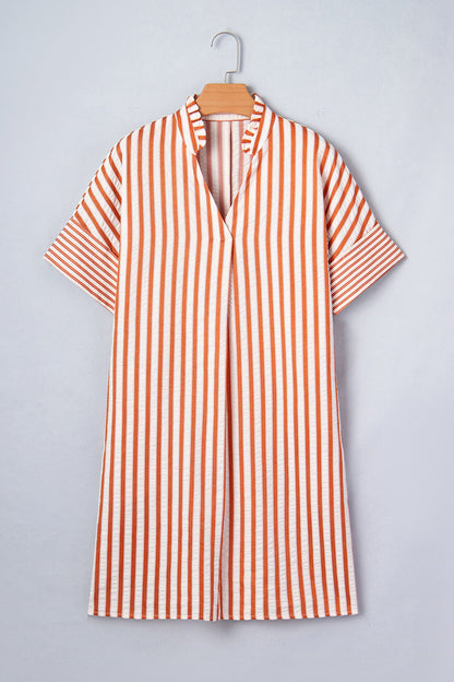 Stripe Pleated Frilled V-Neck Mini Dress