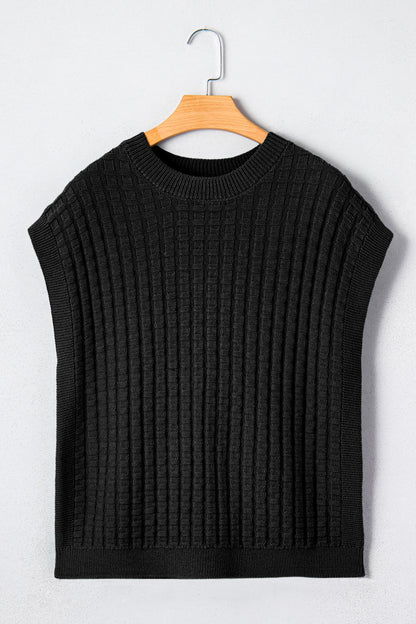 Solid Textured Round Neck Short Sleeve Sweater
