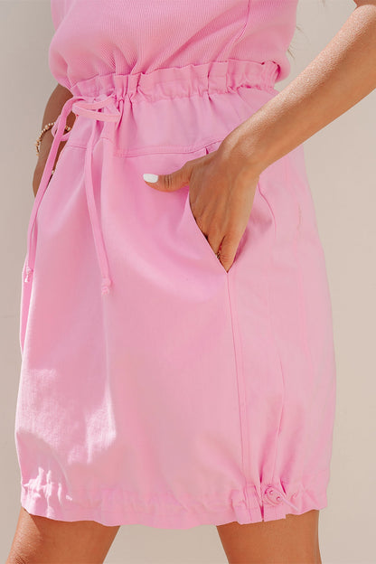 Solid Ribbed Knit Patchwork Drawstring Mini Dress