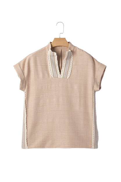 Crochet Lace Trim Rolled Short Sleeve Blouse