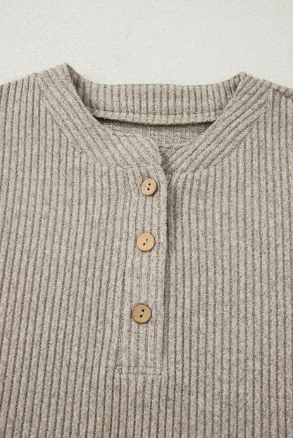 Solid Ribbed Knit Drop Shoulder Henley Top