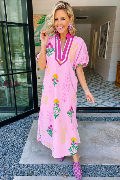 Floral Colorblock Trim V-Neck Midi Dress