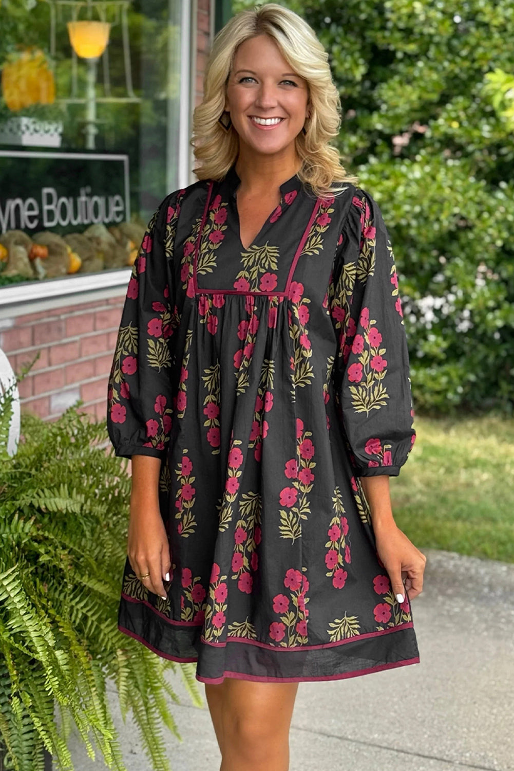 Floral Notch Neck Piping Trim Babydoll Dress