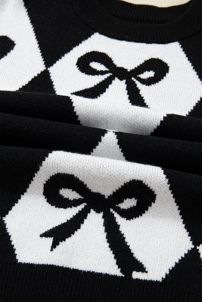 Bow Colorblock Rhombus Drop Shoulder Sweater