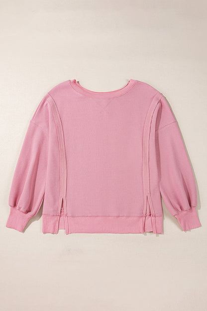 Waffle Knit Bishop Sleeve Side Split Top
