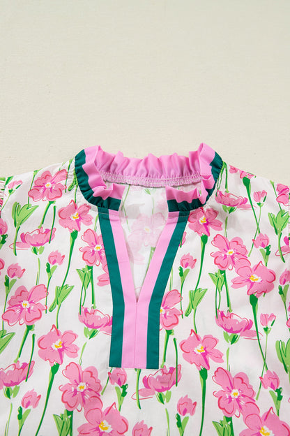 Floral Contrast Trim V-Neck Ruffle Short Sleeve Blouse