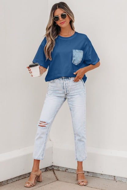 Colorblock Chest Pocket Patch Short Sleeve Top