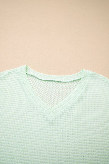 Solid Waffle Knit V-Neck Short Sleeve Top