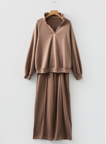 Solid V-Neck Pullover and Drawstring Sweatpants Set