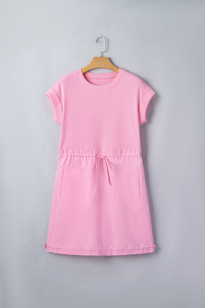 Solid Ribbed Knit Patchwork Drawstring Mini Dress
