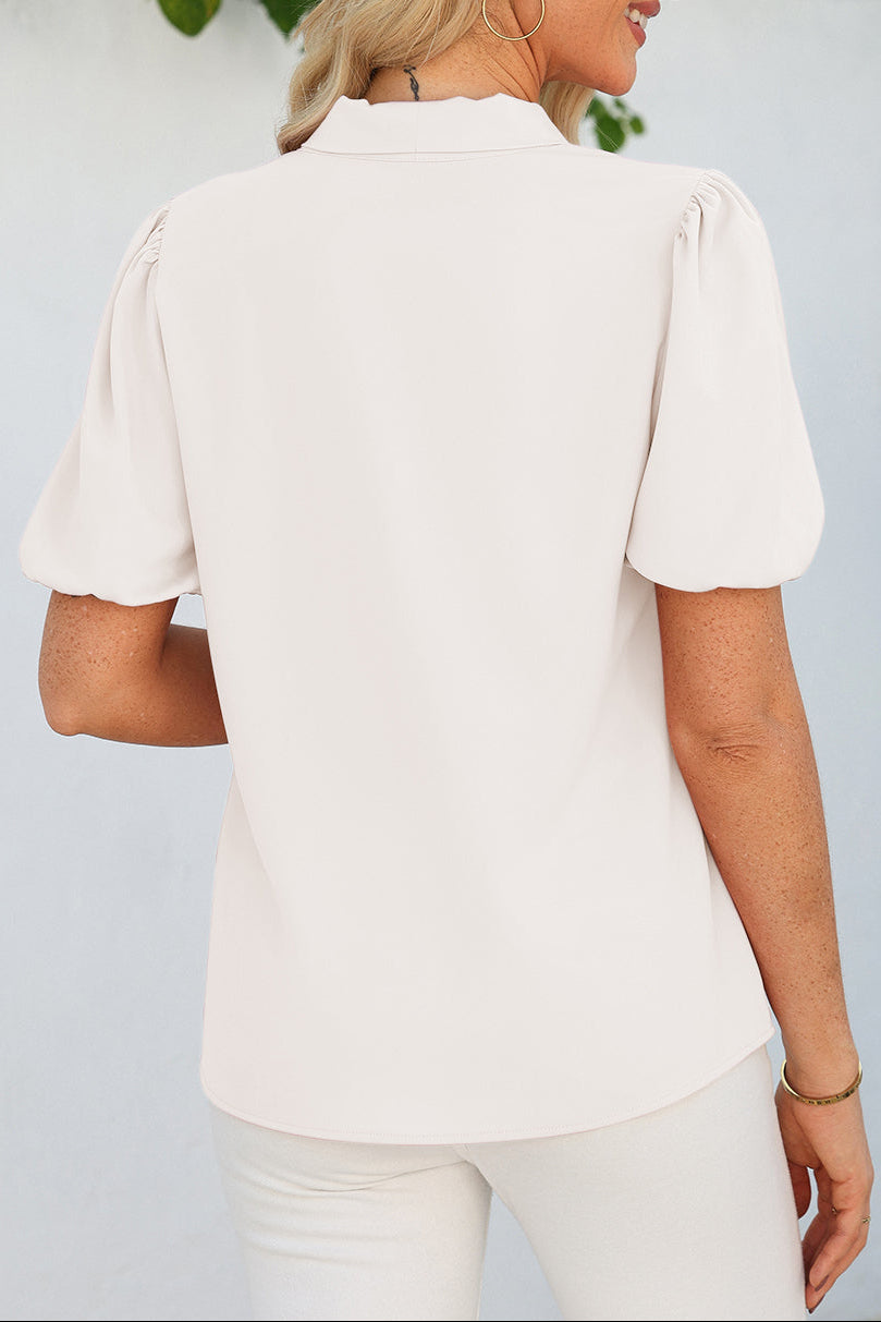 Solid Bow Tie V-Neck Puff Sleeve Blouse