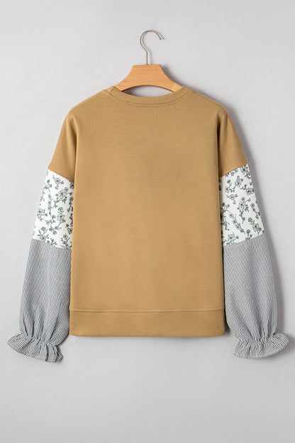 Floral Stripe Patchwork Ruffle Sleeve Crewneck Sweatshirt