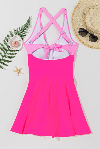 Colorblock Crisscross Straps Tie Back Flared Swimsuit