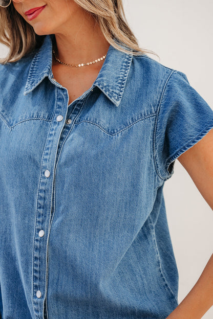 Solid Denim Ruffle Short Sleeve Buttoned Shirt