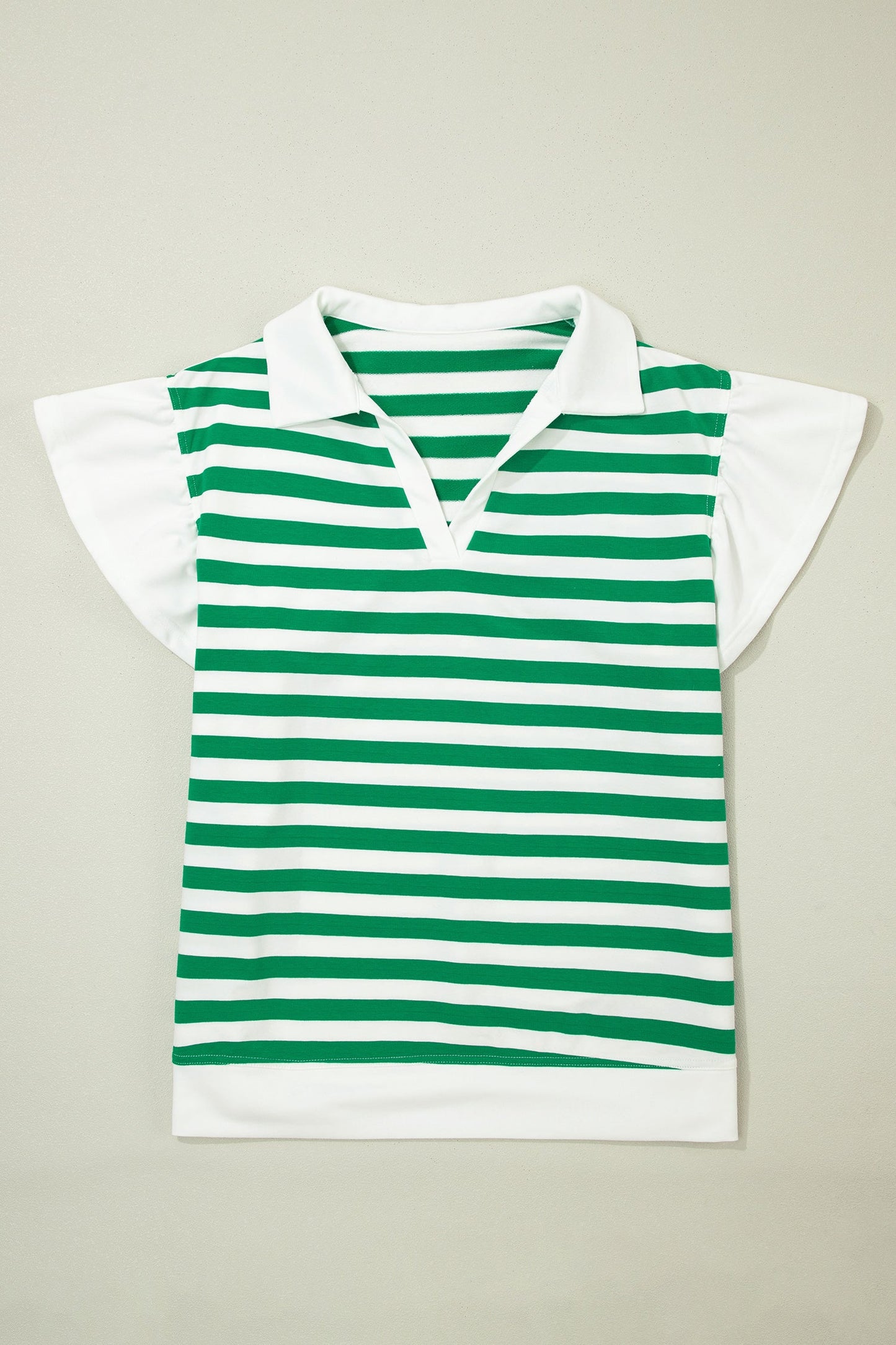Plus Size Stripe Collared V-Neck Ruffle Sleeve Blouse
