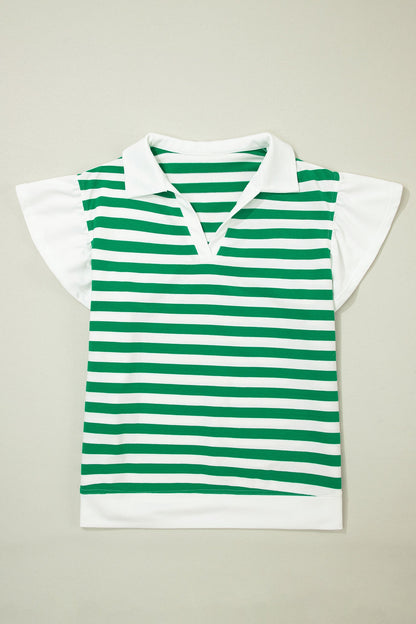 Plus Size Stripe Collared V-Neck Ruffle Sleeve Blouse