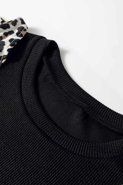 Leopard Contrast Ruffle Short Sleeve Ribbed Top