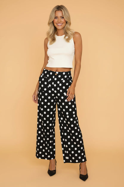 Polka Dot Patch Pocket Straight Leg Pants