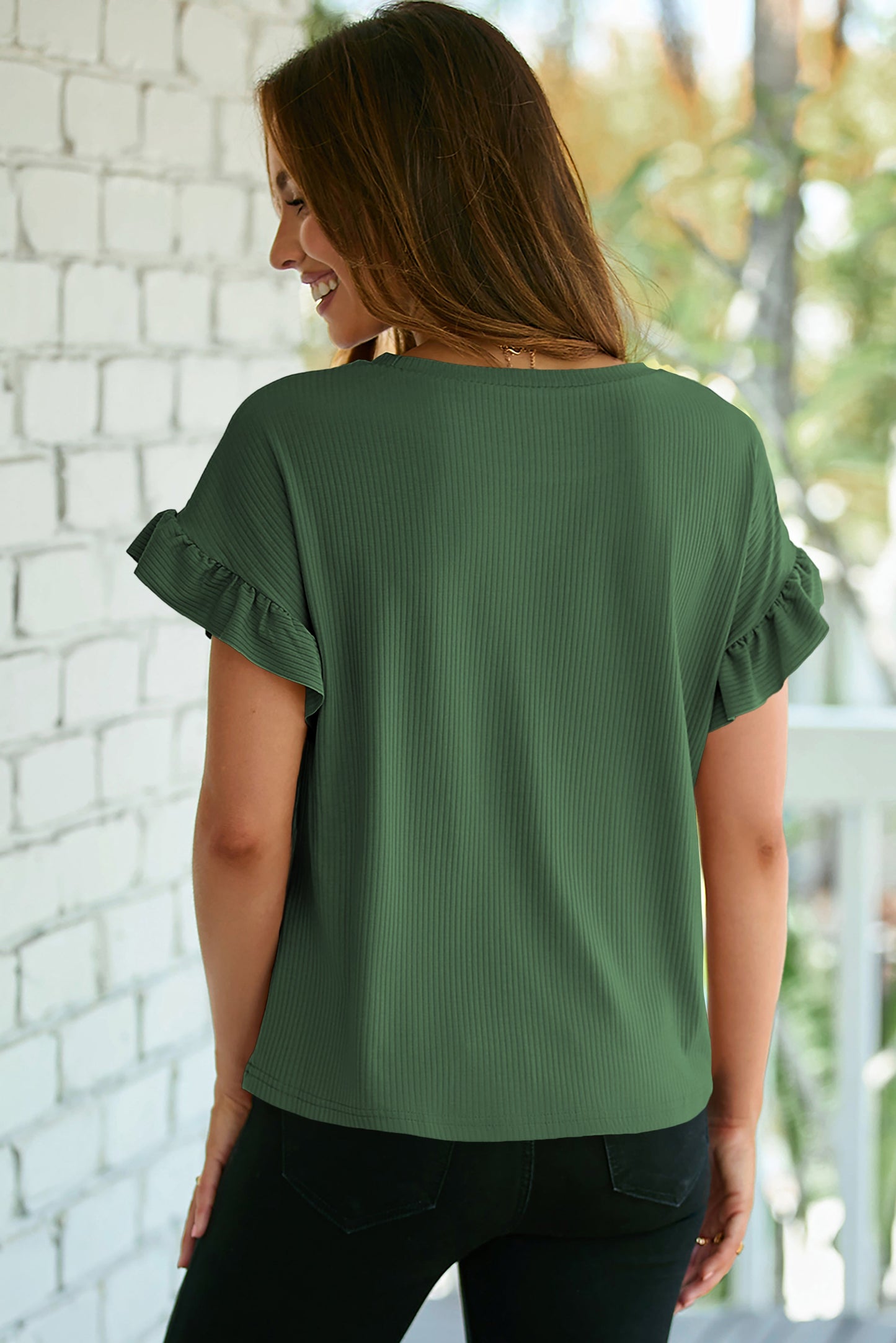 Solid Ribbed Knit Ruffle Short Sleeve T-Shirt