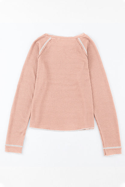 Solid Waffle Knit Round Neck Long Sleeve Top
