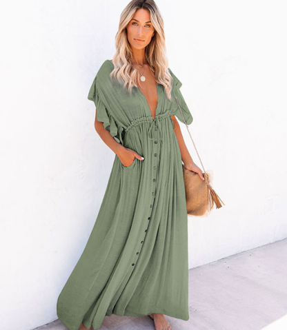Single Breasted Waist Pull-Belt Beach Cover-up Sexy Backless Holiday Skirt Bikini Swimsuit Blouse