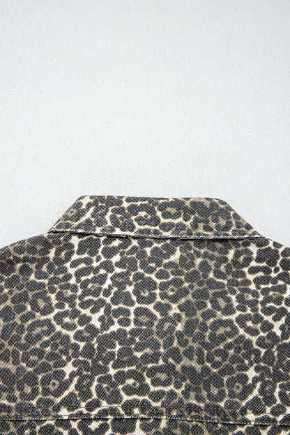 Leopard Denim Short Sleeve Button Up Cropped Shirt