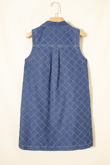 Denim Textured Collared V-Neck Sleeveless Mini Dress