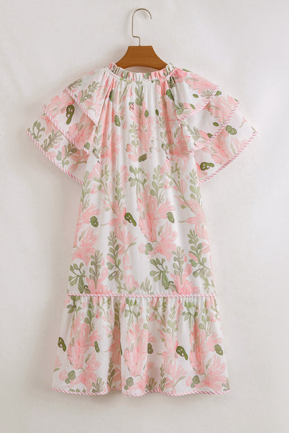 Floral V-Neck Layered Short Sleeve Mini Dress