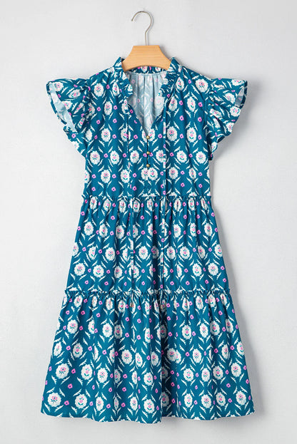 Floral Split Neck Ruffle Short Sleeve Dress