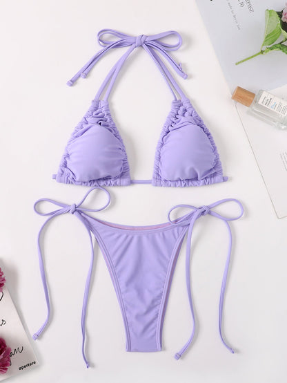 Women Drawstring Lace Split Swimsuit Sexy Bikini