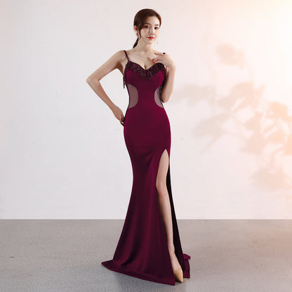 Sling Deep V Plunge Evening Party Dress Long Sexy Slim Fit Slit Nightclub Performance Socialite Evening Dress