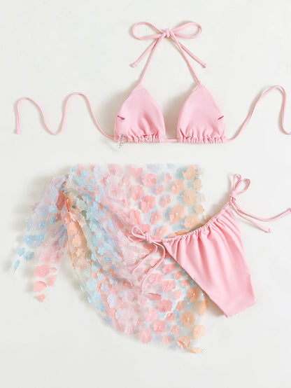 Bikini Swimsuit Women Three-Piece Suit Sexy Bikini Halter Lace-up Floral Gauze Skirt Swimsuit
