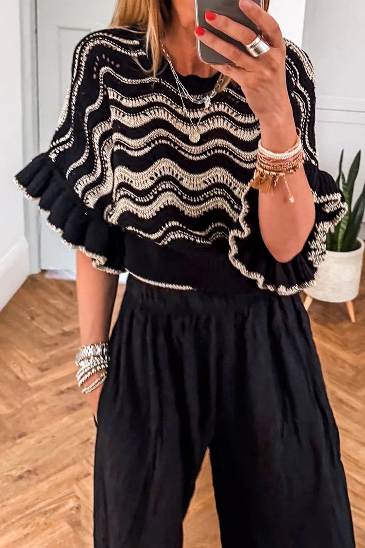 Wavy Stripe Ruffle 3/4 Sleeve Crochet Sweater