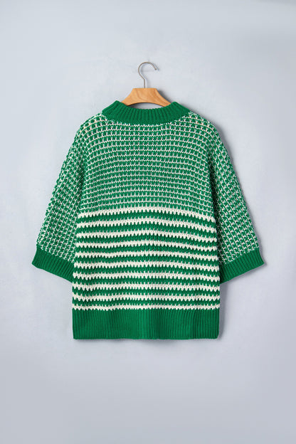 Stripe Draped 3/4 Sleeve Slouchy Sweater