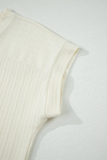 Cable Knit Textured V-Neck Short Sleeve T-Shirt