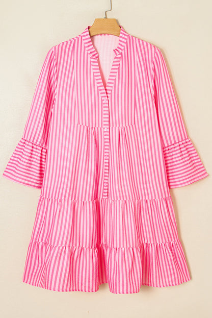 Stripe V-Neck Flare Sleeve Tiered Mini Dress