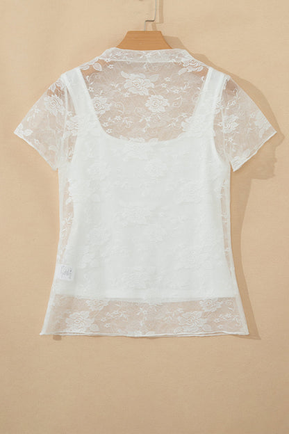 Sheer Lace Mesh Round Neck T-Shirt