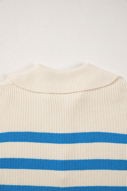 Stripe Ribbed Half-Zip Collar Sleeveless Sweater