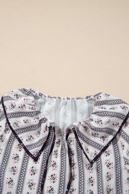 Floral Ruffle Collar Short Puff Sleeve Blouse