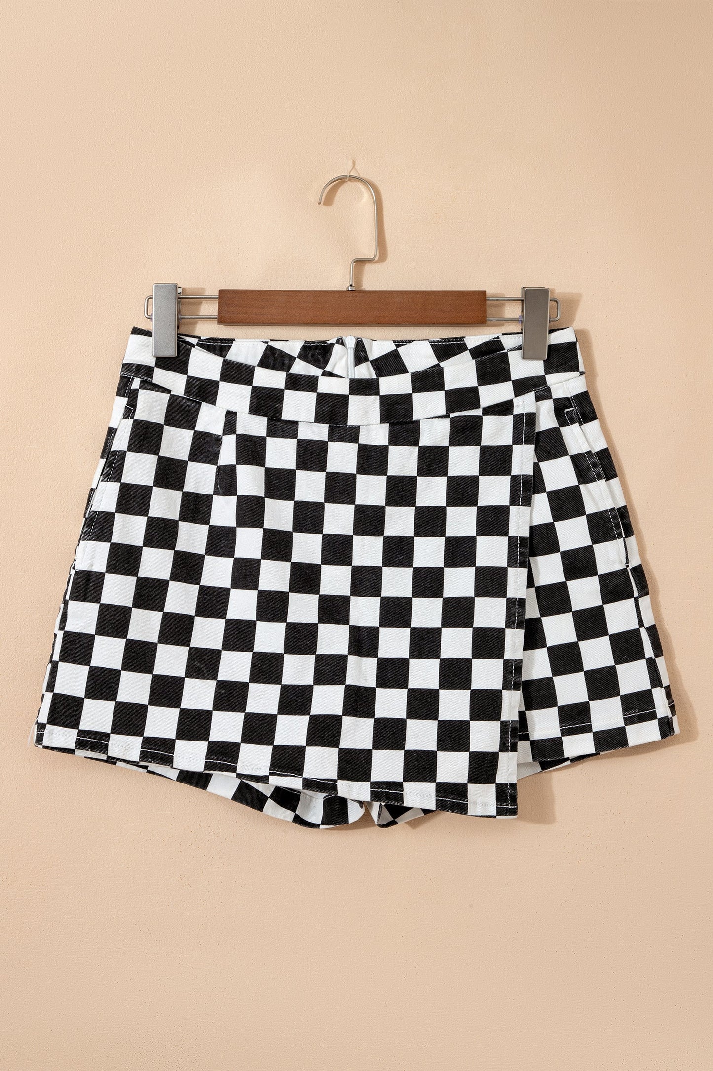 Checker Denim Pocketed Overlap Skort