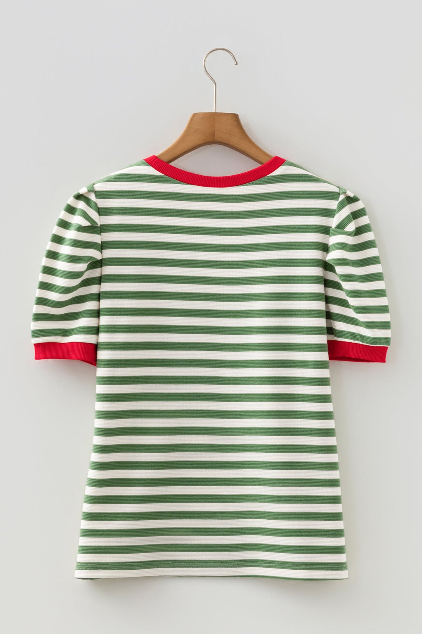 Kimberly Stripe Short Puff Sleeve Contrast Trim Round Neck Tee - Green