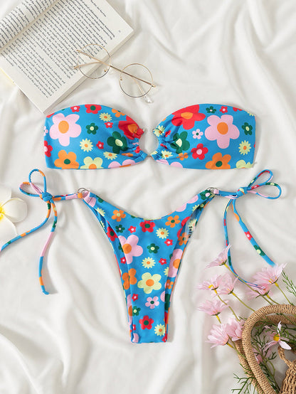 Swimsuit Women Summer Tube Top Sexy Bikini Fresh Printed Bikini Swimsuit