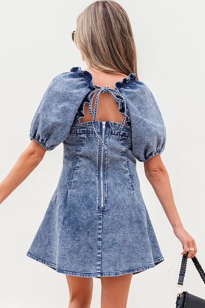 Denim Frilly Square Neck Bustier Puff Sleeve Dress