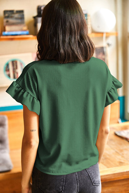 Solid Ribbed Knit Ruffle Short Sleeve T-Shirt