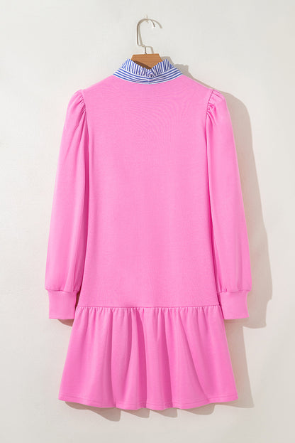Stripe Contrast Collar Puff Sleeve Ruffle Mini Dress