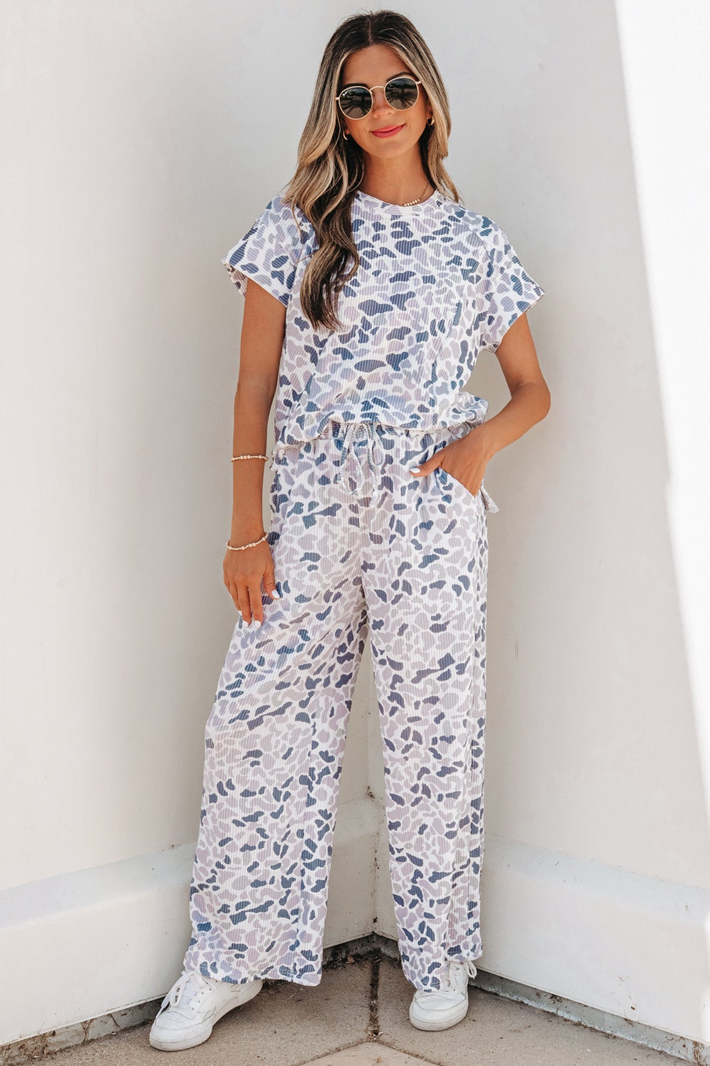 Camo Corded Knit Tee & Drawstring Pants Set