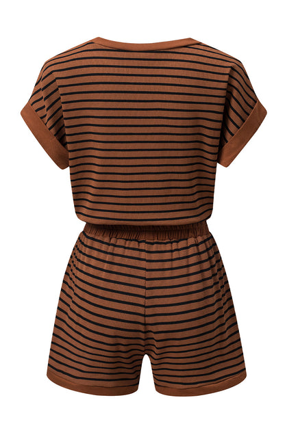 Stripe Ribbed Dolman Tee & Elastic Shorts Set