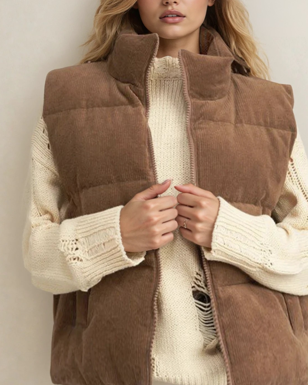 Scottie Solid Color Corduroy Puffer Vest Coat - Coffee