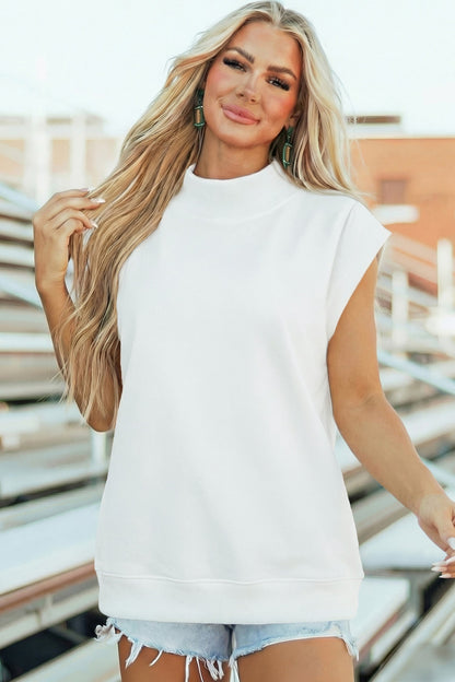 Solid Mock Neck Cap Sleeve Oversized Top