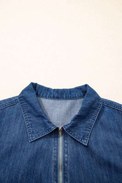 Denim Zip-Up Collar Short Sleeve Mini Dress